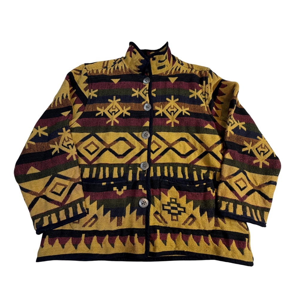 Jane Ashley Cotton Jacket – L Yellow Southwestern Tapestry Mock Neck